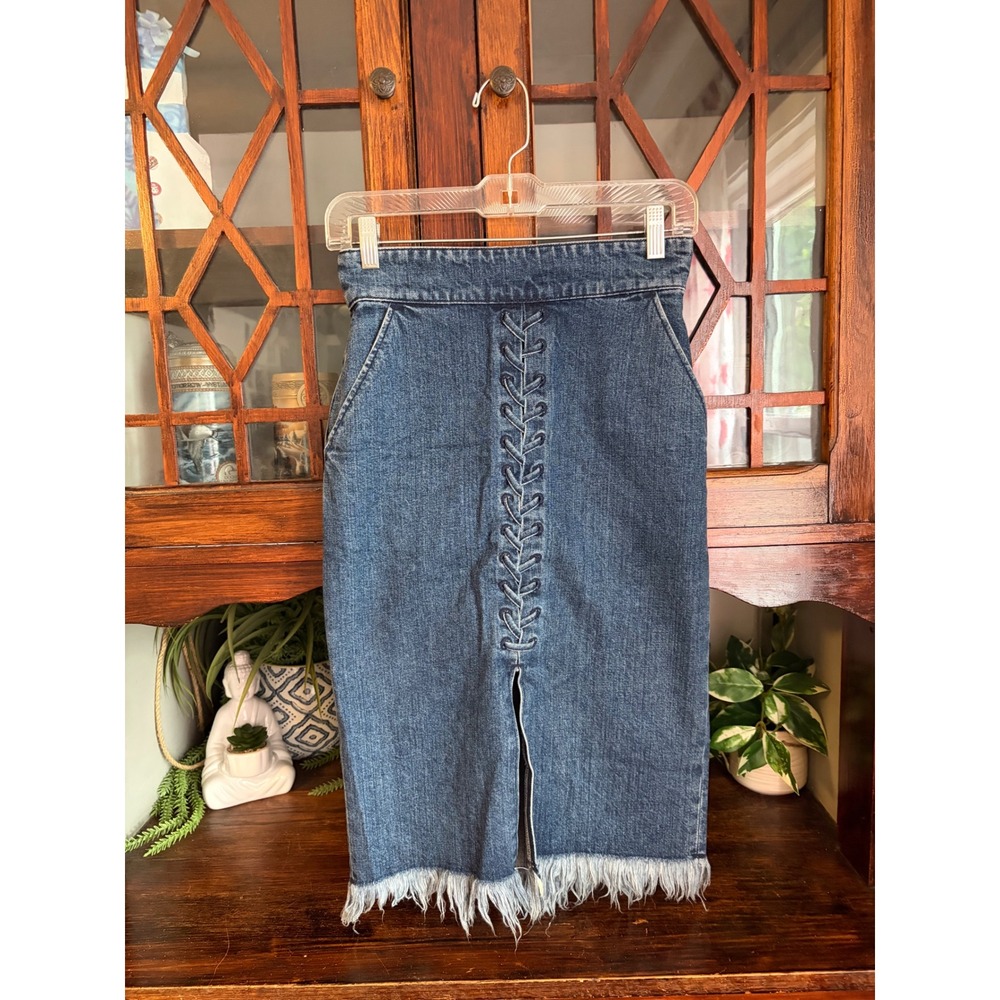 Moussy Lace Up Front Denim Midi Skirt Blue Raw Hem Size 1